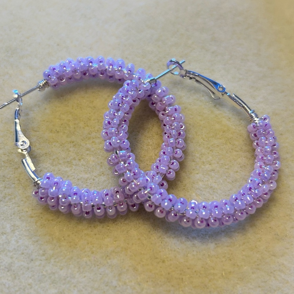Hand-Beaded 1 1/2” Lavender Hoop Earrings NWOT